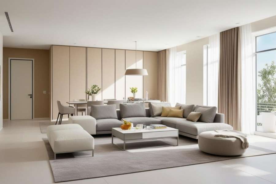 A spacious neutral living room with a grey sectional sofa, beige wall panels, and floor-to-ceiling windows achieving an elegant budget interior design.