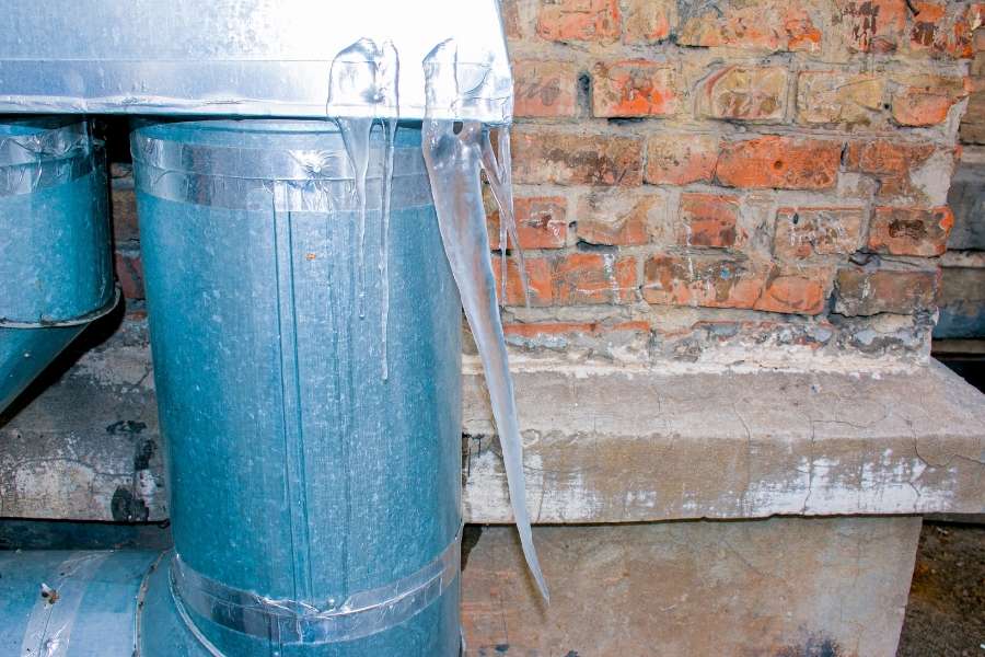 Icicles hanging from insulated metal pipes outdoors to prevent frozen pipes.
